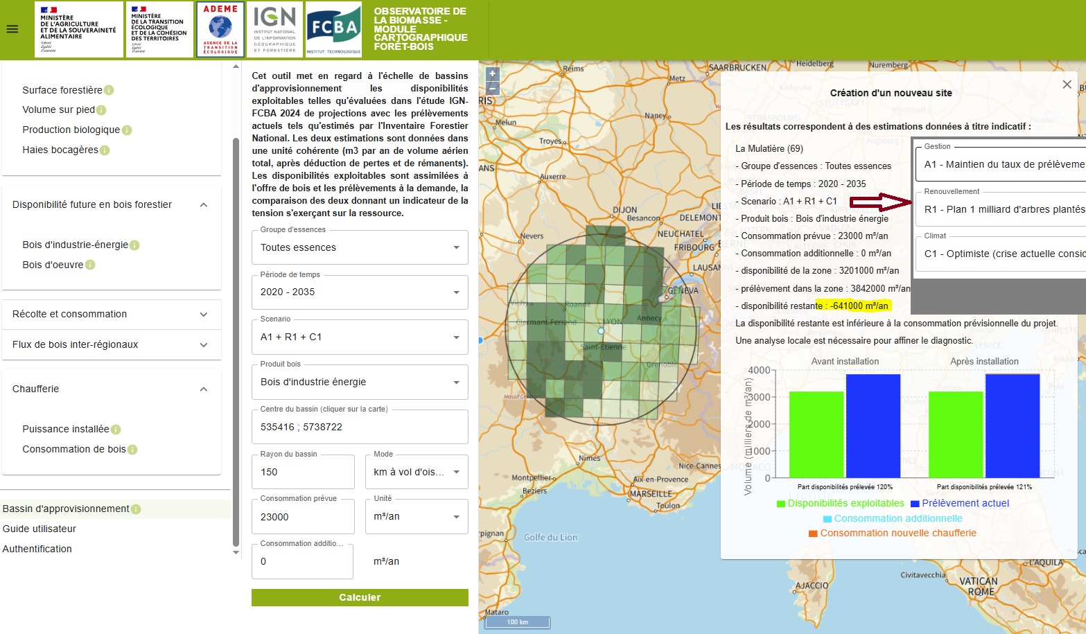Disponibilité en Bois énergie dans un rayon de 150 km autour de Lyon